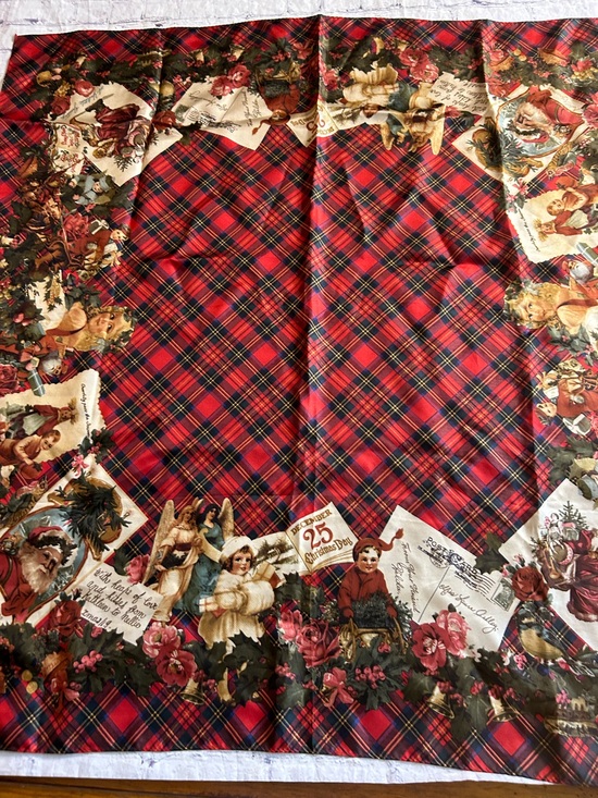 Laura Ashley Accessories - LAURA ASHLEY VTG SANTA CLAUS OVER RED TARTAN PLAID BACKGROUND SCARF SILK